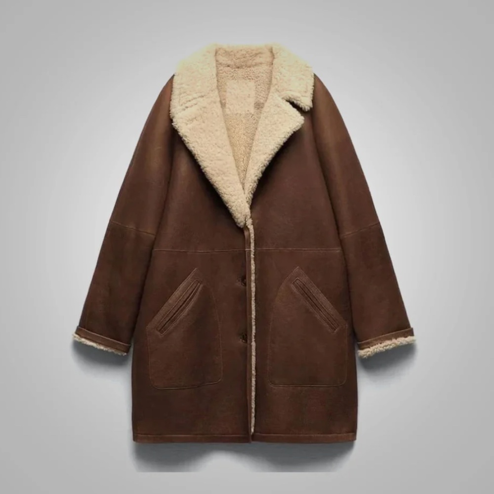 COPY - NWT Leather Shearling Coat, Brown - Size Small